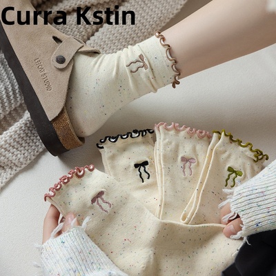 Curra Kstin早秋新款袜子女中筒袜透气花边蝴蝶结刺绣无骨袜A