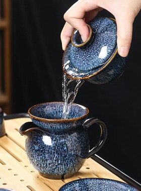 窑变蓝盏茶壶钧窑单壶陶瓷三才盖碗中式泡茶器复古茶杯茶具单品