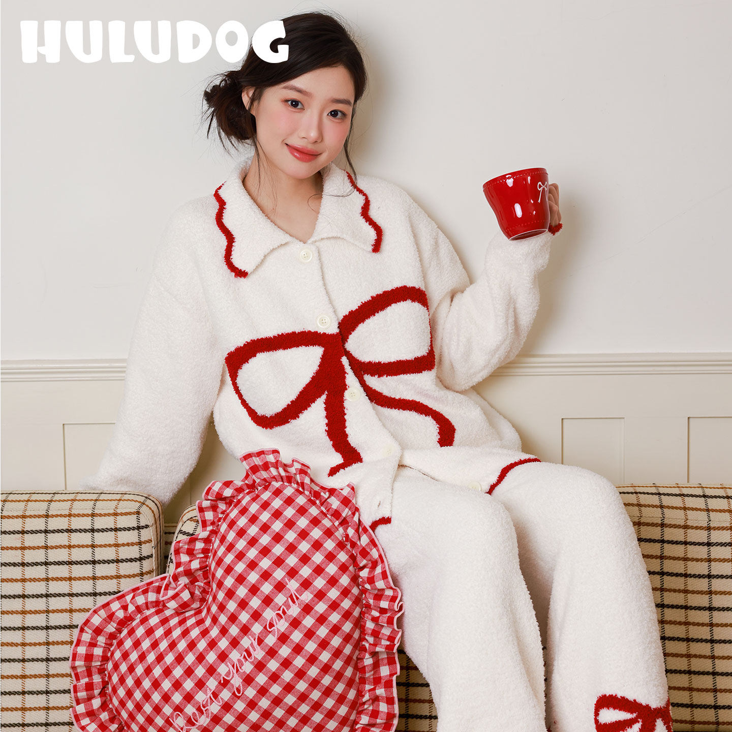 【新款上新】HULUDOG半边绒蝴蝶结睡衣套装舒适保暖可外穿家居服