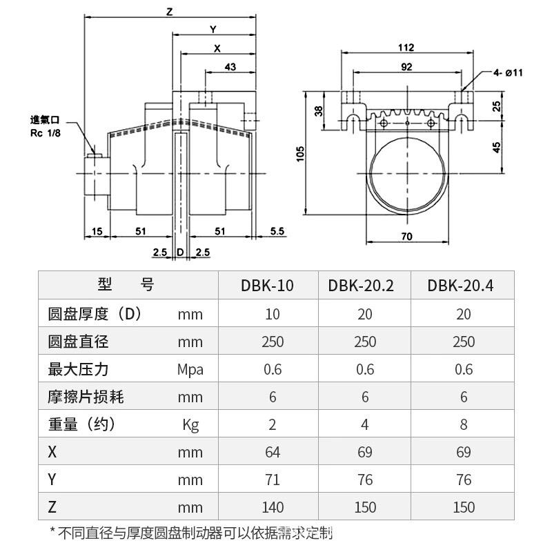 DBK-13空压碟式制动器单点DBS10气动刹车张力控淋膜机刹车65×10 - 图2