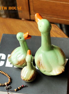 欧式陶瓷摆件工艺品 现代简约家居装饰品 绿色陶X瓷可爱鸭摆件