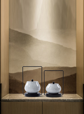 现新中式陶瓷摆件白色几何软装饰展厅柜L子客厅玄关书房工艺品