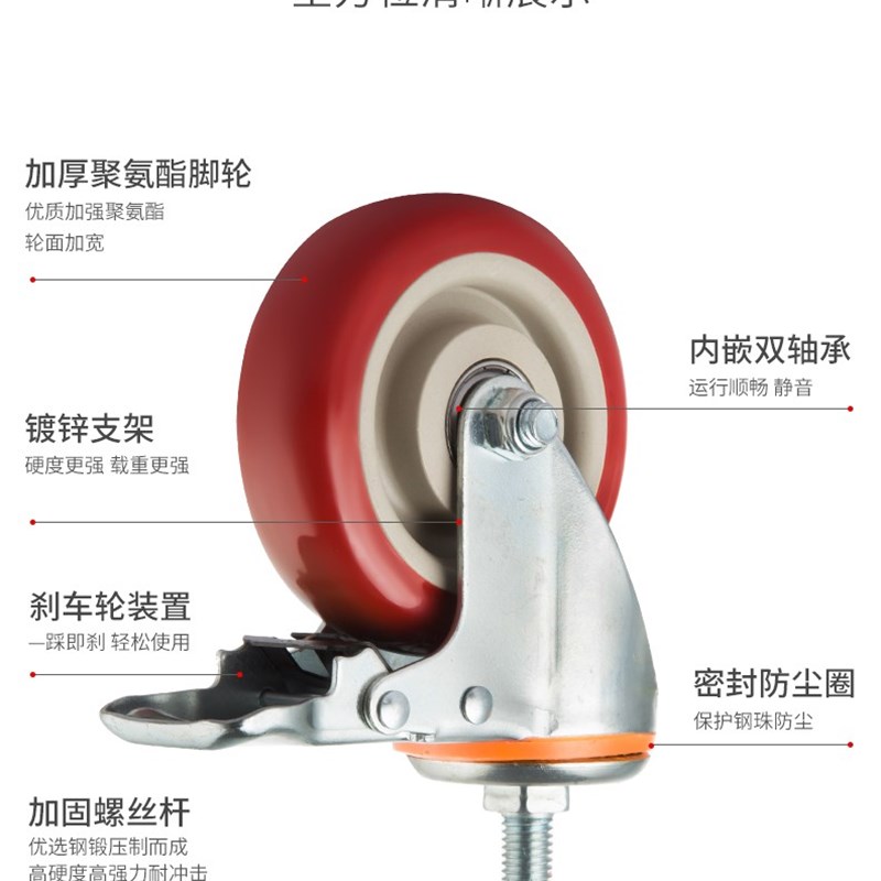 脚轮子刹车3寸4寸M12M10螺丝杆16枣红聚氨酯静音机器货架万向轮 - 图0