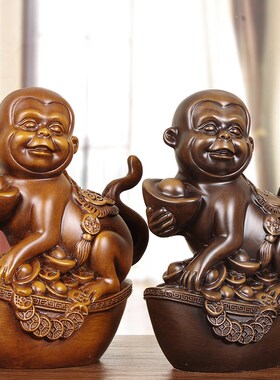 实木招财猴子摆件客厅玄关酒柜博古架生肖猴装饰办公室Y桌生日礼