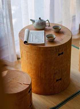 木墩子坐凳实木圆柱艺术民宿落地装饰H摆件边几小茶几木桩底座花