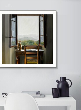 《书桌上的猫》客厅玄关装饰画 现代艺术写实风景画走廊过道挂画