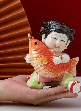 陶瓷男女童子窑彩可爱早生贵子年年有余求子送子手工创意娃娃摆件
