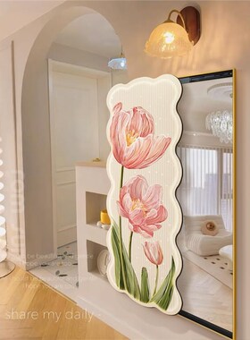 奶油风花卉全身镜装饰画客厅玄关镜子壁画推O拉隐藏式穿衣镜挂画