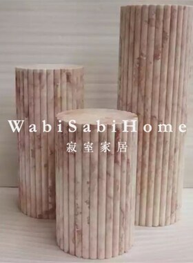 圆柱天然粉色黄h洞石大理石别墅角几设计餐桌展台雕塑台底座立柱