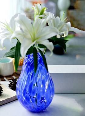 蓝色玻璃花瓶家居客厅插花装饰品花瓶摆件简约创意彩色玻璃花瓶