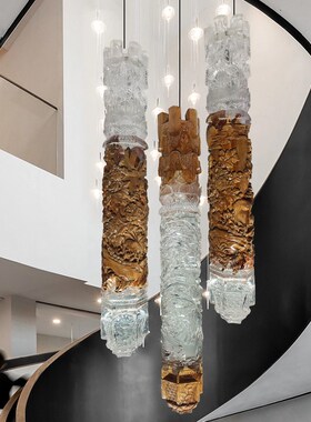 新中式透明实木雕花柱子天花板悬A挂吊饰酒店大堂走廊空中吊饰摆