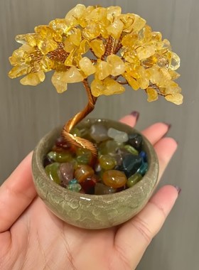 热销聚宝盆茶盏底座水o晶发财树摆件桌面水晶生命树创意手工工艺