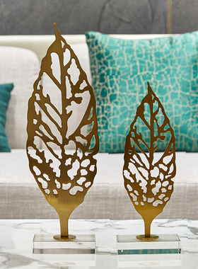 轻奢不锈钢镂空树叶水晶摆设 欧式E样板房家居客厅酒书柜软装饰品