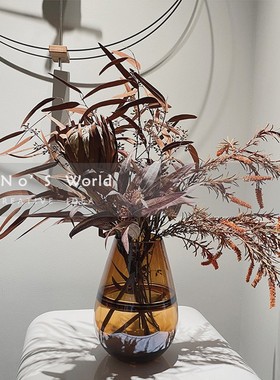 轻奢风橘黄色玻璃花器家用客厅摆件样板房间透明创意干花花瓶软装