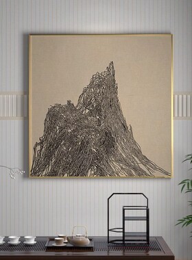 新中式装饰画客厅玄关壁画黄色线条侘寂风茶室方形小众风卧室挂画
