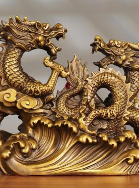 铜龙祥龙龙摆件双龙聚宝工艺品客厅玄关办公室装饰品店铺桌面摆件