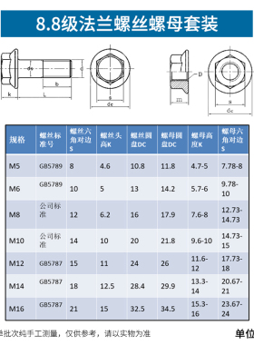8.8级法兰螺丝螺母套装外六角带垫法兰面防滑螺栓大全m5m6m8m10L