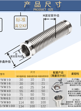 304真空波纹管KF/NW快装 法兰盘不锈钢软管 真空金属波纹管 KF-50