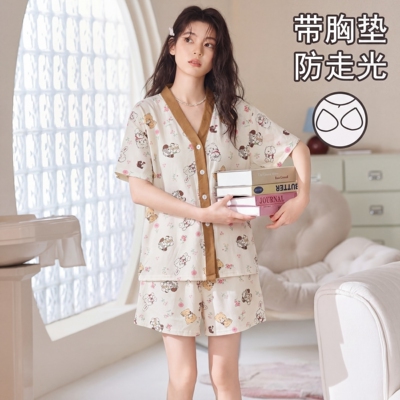 带胸垫防走光睡衣女夏季短袖短裤水墨紫花开衫可外穿家居服套装a2