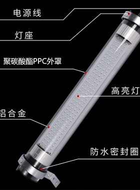 cnc加工中心led数控机床工作灯24v防水油圆柱照明车床三防灯220v