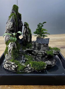 山中小屋陶瓷工艺品吸水石假山微景观造景盆景绿植Y水景摆件实心