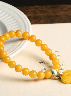 天然圆珠鸡油黄蜜i蜡手链 多宝琥珀6.5mm搭配南红绿松石玫瑰花国