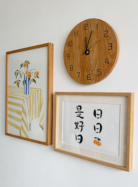 原木风橙子花照j片墙日日是好日组合画实木挂钟饭厅有框画客厅壁