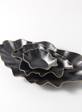 新中式黑色描金荷叶边陶瓷果盘装饰摆件家居样板间酒W店托盘收纳