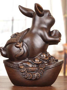 实木招财生肖兔摆件客厅电视柜C中式装饰办公室可爱兔生日礼物