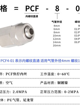 铜快拧接头PCF内螺纹气动接头直通气管6-01/8-02/10-03/12-04