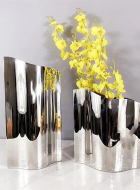 现代简约不锈钢镜l面弧形样板间花器 餐厅客厅玄关台面装饰花瓶