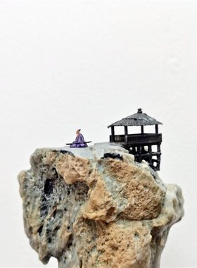 中式桌面装饰摆景古m代建筑高脚茅草亭 吊楼 山石奇石盆景树根摆