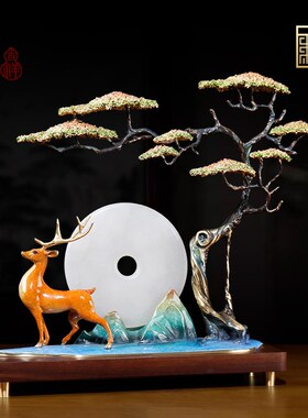 全铜迎客松月下松鹿新中式客厅玄关摆件办K公室装饰品乔迁新居礼