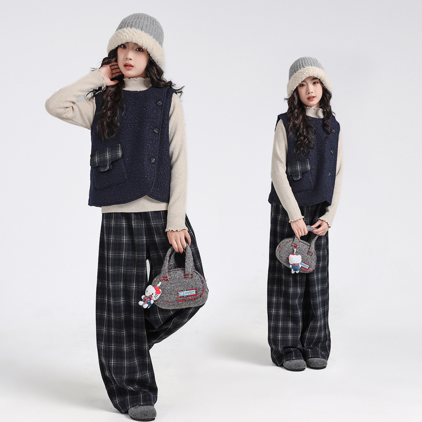 女大童秋冬季套装2025款初中生时尚少女毛呢马甲裤子打底衫三件套,淘宝优惠券,粉丝福利购,淘宝优惠卷