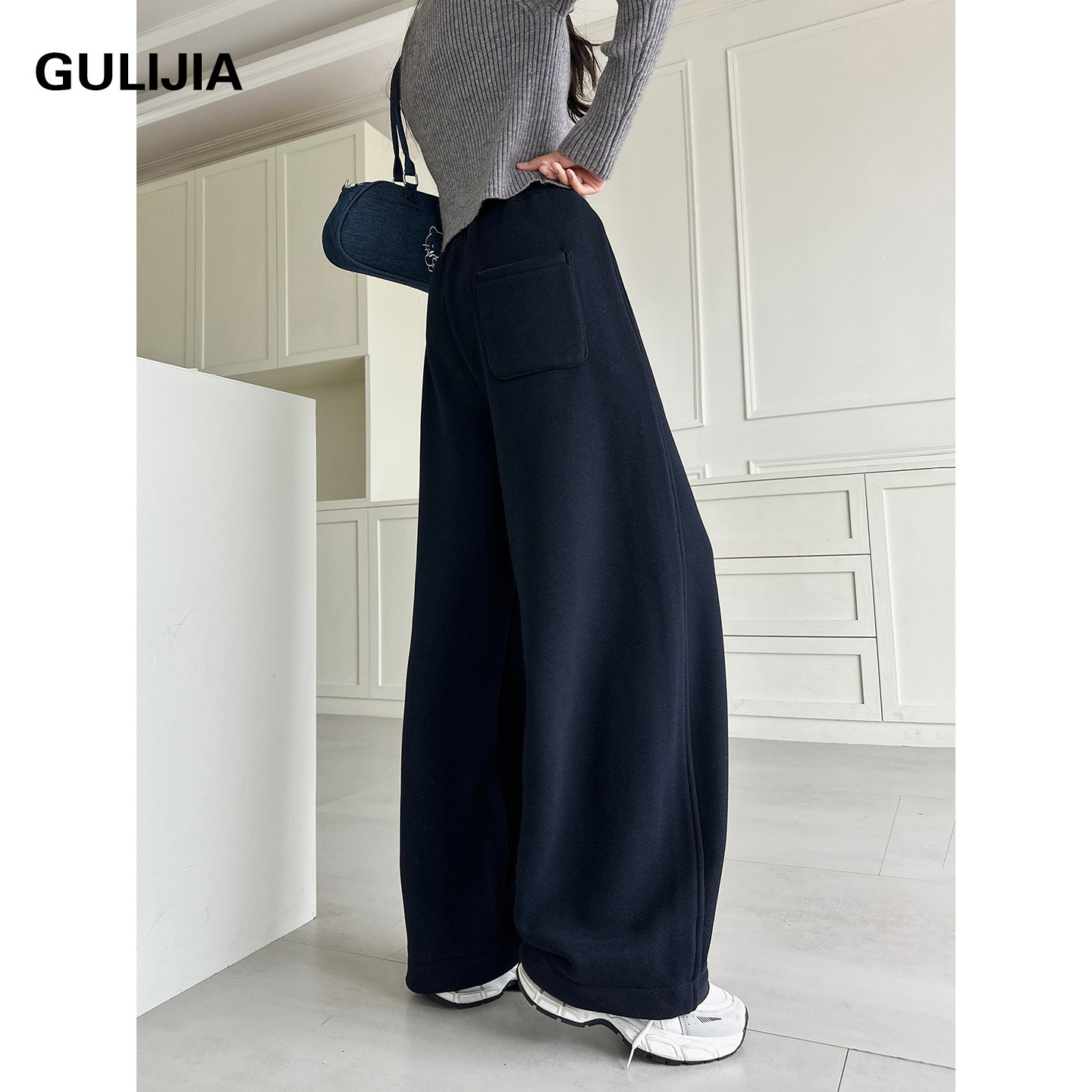 古力家春秋款高腰阔腿裤女大童宽松初中生休闲长裤藏青色抽绳裤子,淘宝优惠券,粉丝福利购,淘宝优惠卷