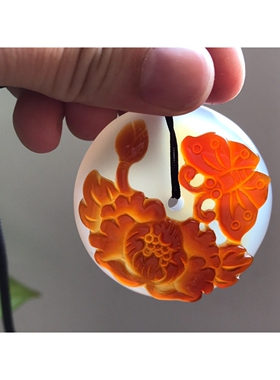私藏款天然原色无优化马料红玉髓俏色巧雕蝶恋花花件玛瑙挂件吊坠