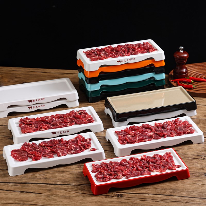 100个装郝阿娘鲜切牛肉自助火锅盘子谭三娘O密胺餐具订制LOGO - 图1