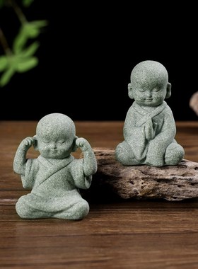 中式禅意小和尚书房摆件茶室桌z面装饰品创意鱼缸造景假山盆景摆