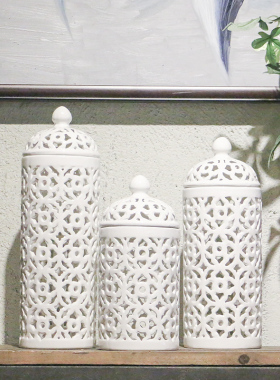 北欧白色镂空陶瓷将军罐摆件 简H约家居创意装饰客厅摆设