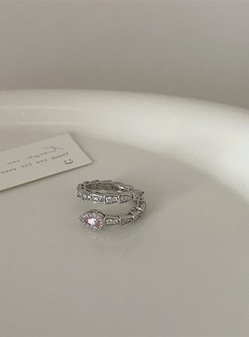 法式蛇形轻奢锆石k戒指女复古精致粉色水晶指环链条戒子开口食指