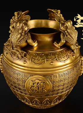 纯铜聚宝盆金蟾摆件客厅玄u关酒柜装饰四方坛子存钱罐工艺品大号