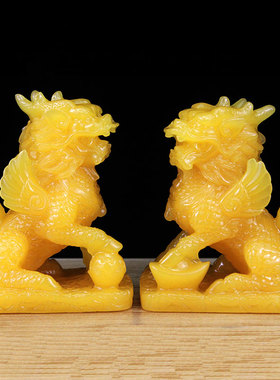 树脂仿白玉麒麟摆件o一对招财纳送子麒麟饰品中式复古小摆件狮子