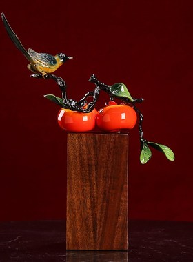 纯铜事事如意摆件j柿子喜鹊客厅玄关博古架新居乔迁开业送礼装饰