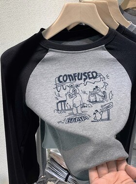 纯棉美式撞色插肩长袖t恤女秋季辣妹正肩内搭修身打底衫短款上衣