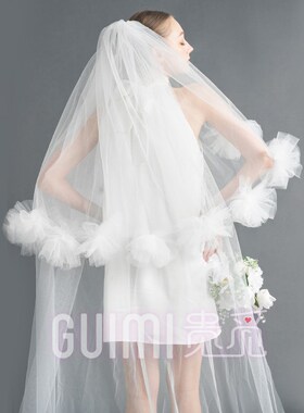 立体大花朵新娘造型头纱长款婚礼拍摄手工法式主婚纱结婚跟妆头饰
