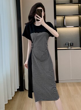 法式条纹连衣裙女夏季新款高级感气质收腰遮肚子洋气减龄T恤裙子