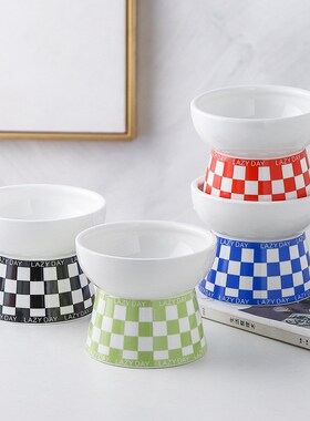 猫碗陶瓷日式棋盘格猫咪护颈猫粮碗喝水碗双碗高脚碗大口径狗食盆