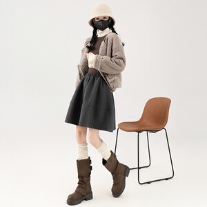 拉夏贝尔灰色毛呢加厚半身裙女秋冬新款高腰显瘦a字蓬蓬花苞短裙