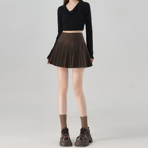 拉夏贝尔咖色毛呢半身裙女春秋冬高腰a字防走光小个子百褶短裙子