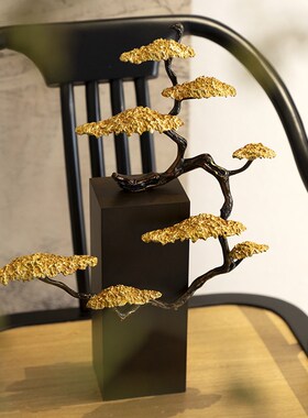 新中式招财迎客松黄铜摆件客厅酒柜F书房高档工艺品乔迁开业礼品